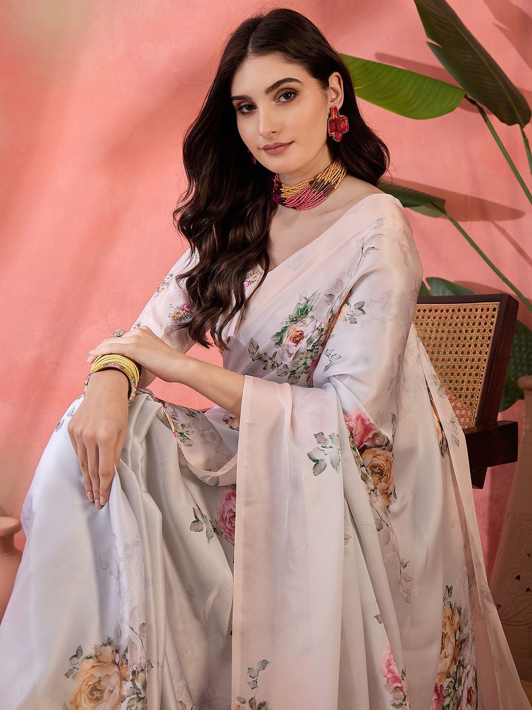 Sangria Women Floral Printed Indie Florals Saree with Unstitched Blouse, Cream