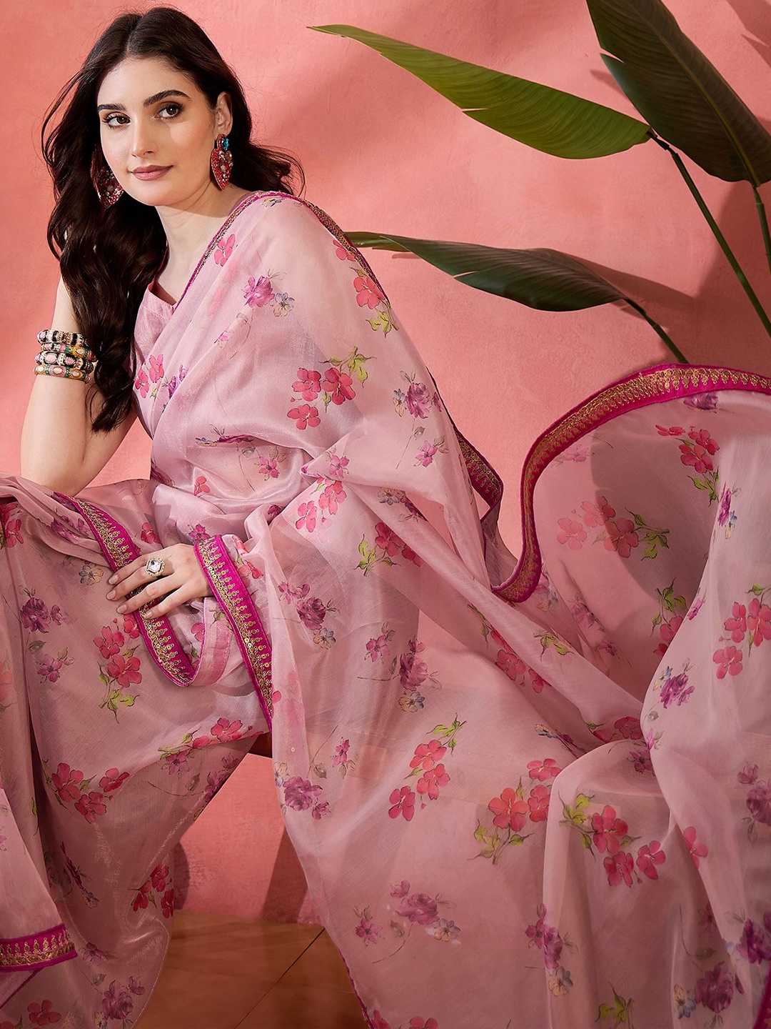 

Sangria Floral Printed With Embellished Border Festive Wear Saree With Unstitched Blouse, Lavender