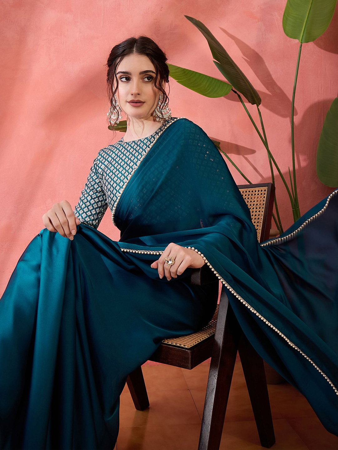 

Sangria Beads Embellished Border Pure Chiffon Saree With Unstitched Blouse, Teal