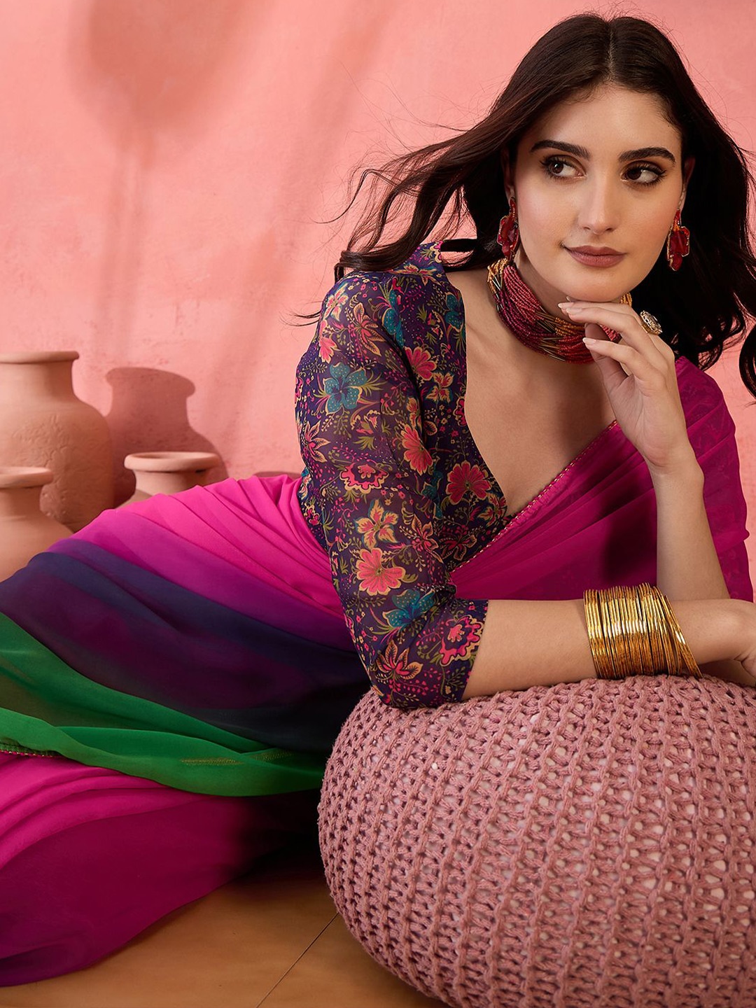 

Sangria Colourblocked Pure Georgette Party Wear Saree, Pink