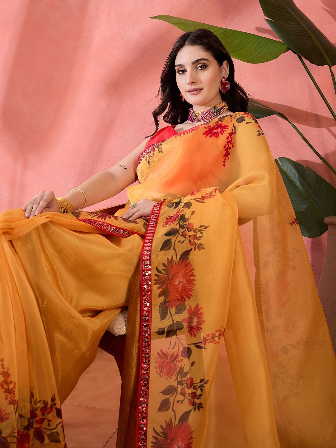 

Sangria Floral Printed With Embellished Border Party Wear Saree With Unstitched Blouse, Mustard