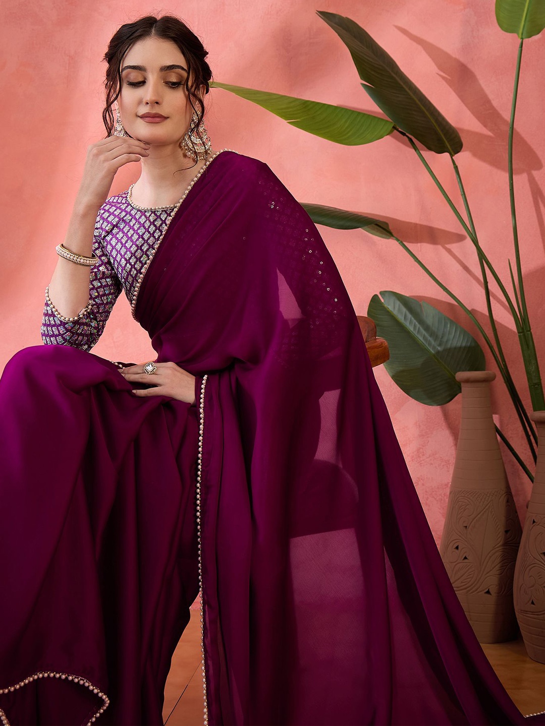 

Sangria Pure Chiffon Solid Beads and Stones Saree With Unstitched Blouse, Magenta