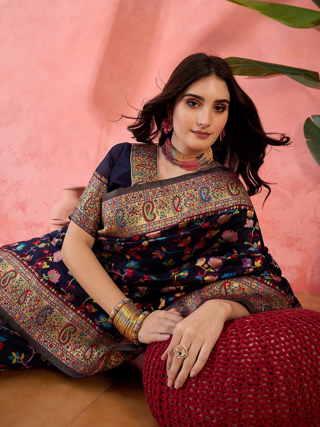 

Sangria Ethnic Motifs Pashmina Jamdani Saree With Unstitched Blouse Piece, Blue