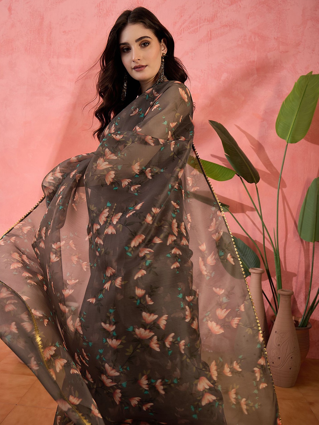 

Sangria Women Printed with Gotta Embellished Border Saree With Unstitched Blouse, Brown