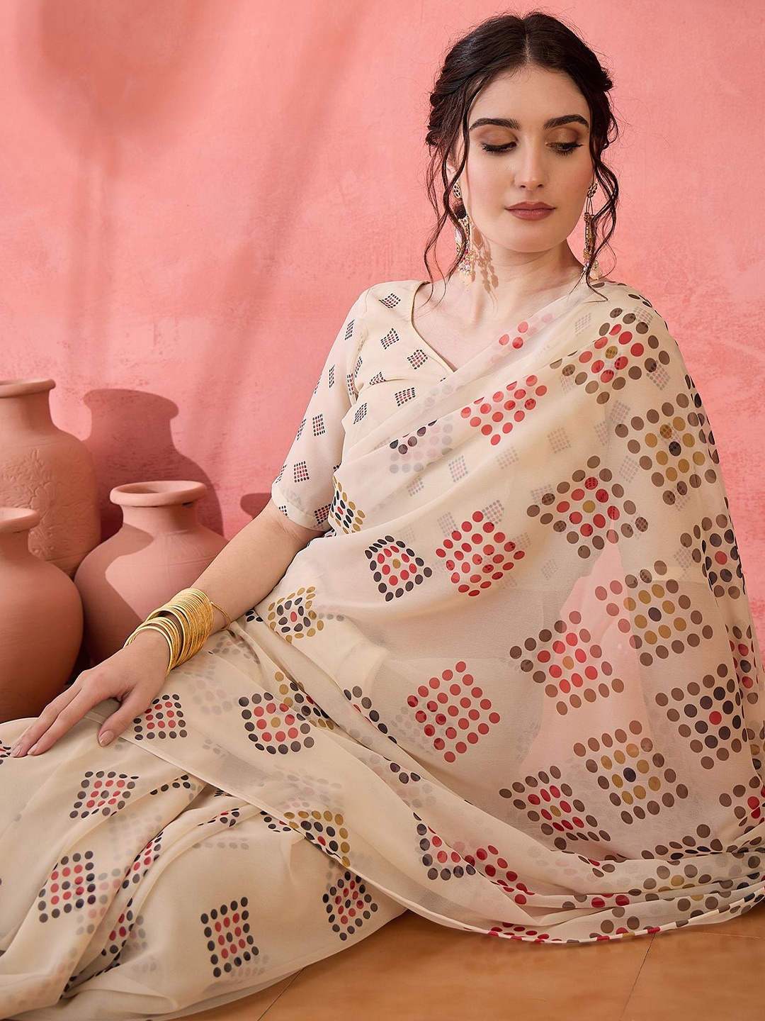 

Sangria Polka Dot Printed Pure Georgette Saree, Cream