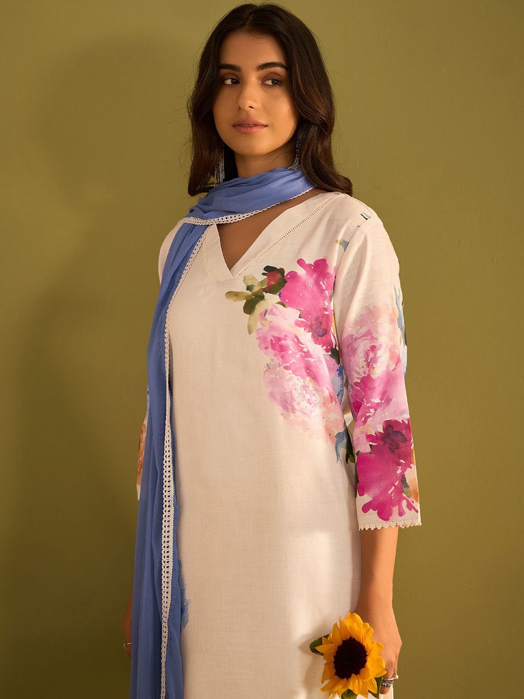 

Indo Era Floral Printed Beads and Stones Linen Straight Kurta with Trouser & Dupatta, Off white