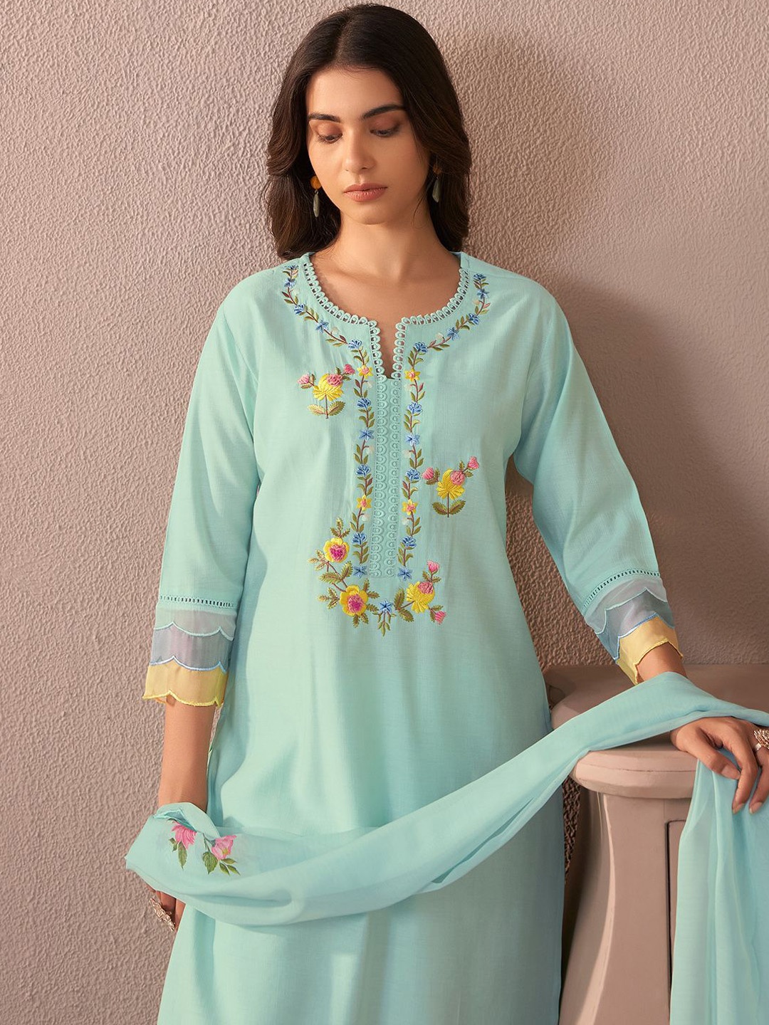 Indo Era Floral Embroidered Kurta With Trouser And Dupatta, Green