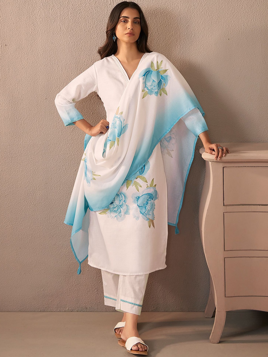 

Indo Era Floral Printed V-Neck Linen Straight Kurta With Trousers & Dupatta, Off white