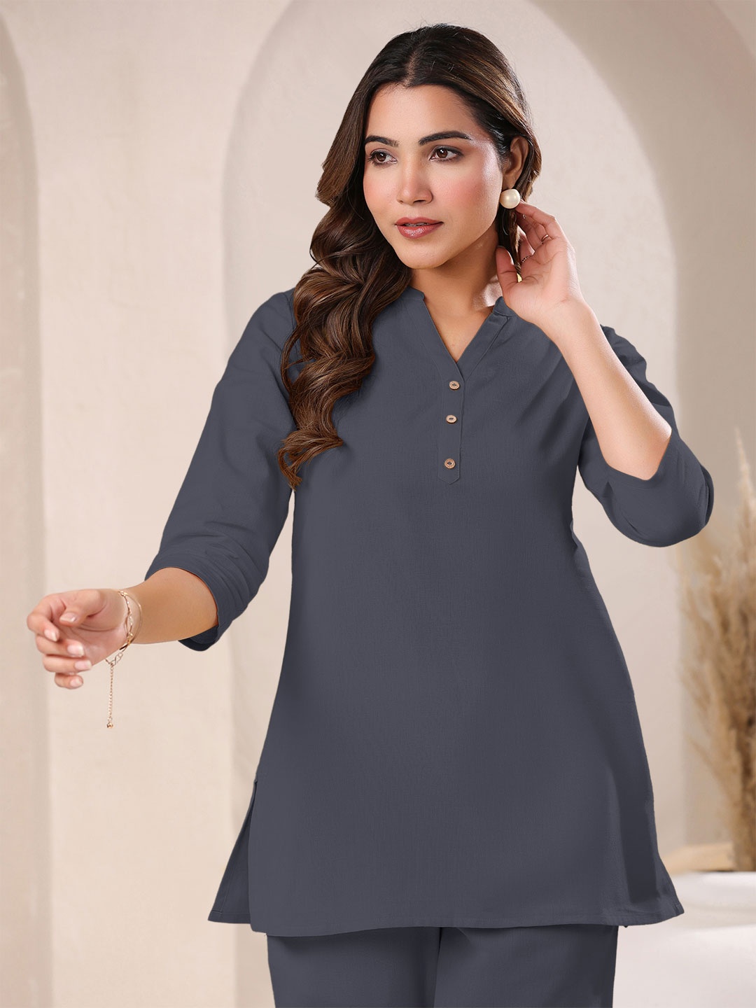 

Janasya Women's Grey Cotton Blend Solid A-line Top