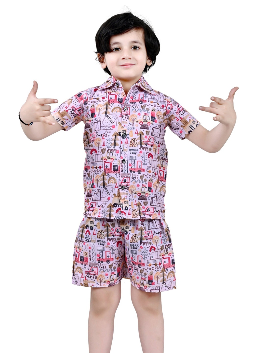 

Arshia Fashions Boys Printed Shirt With Shorts, Pink