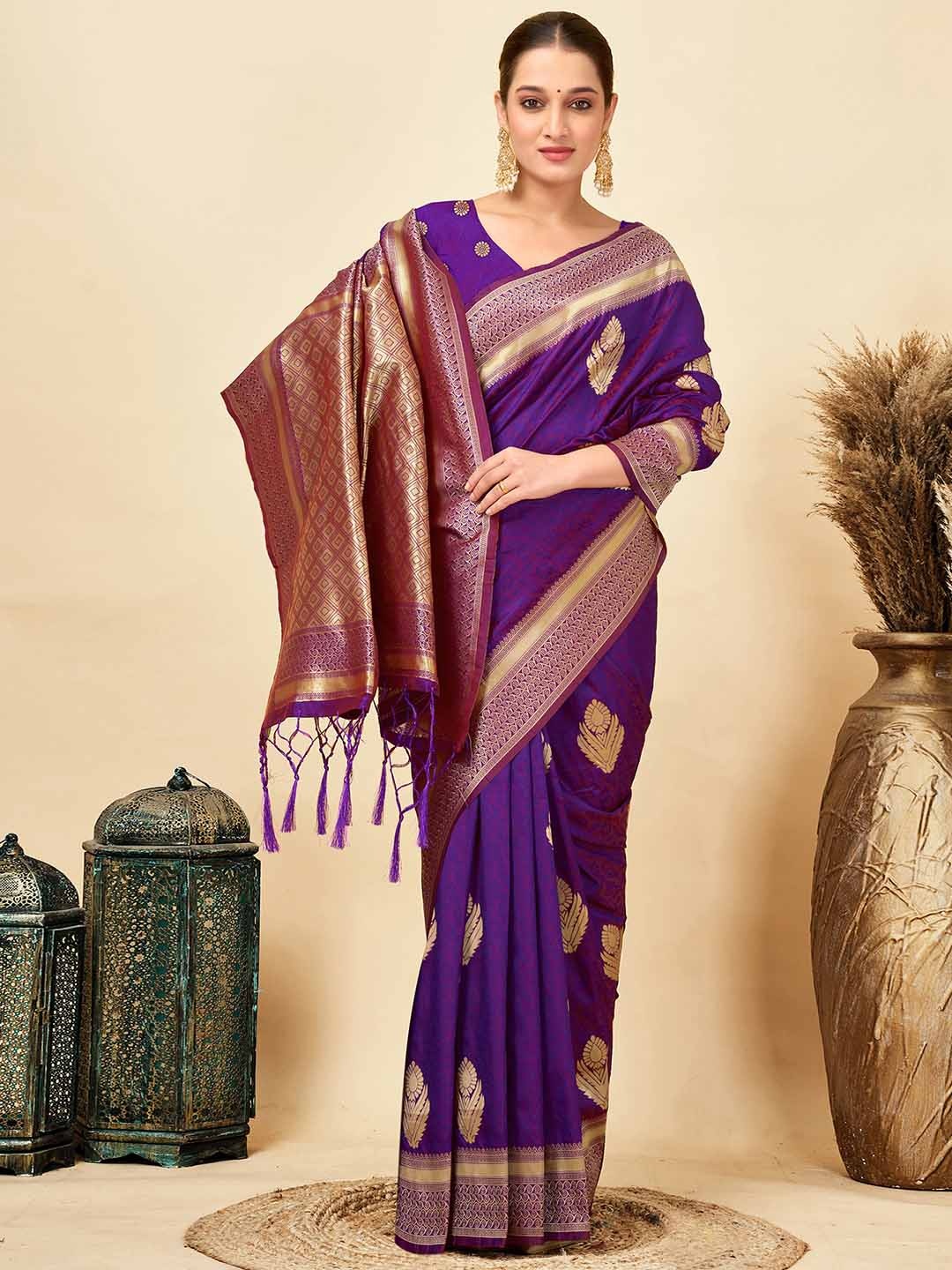 

Mitera Woven Design Zari Pure Silk Banarasi Saree, Purple