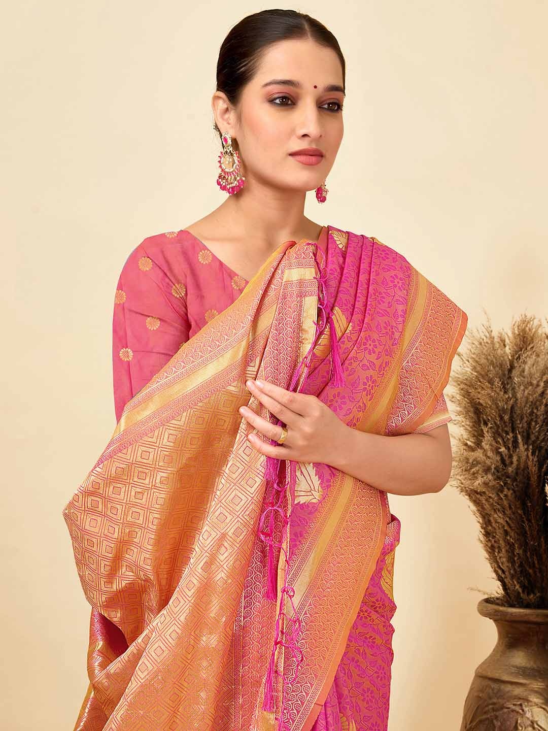

Mitera Woven Design Zari Pure Silk Banarasi Saree, Pink