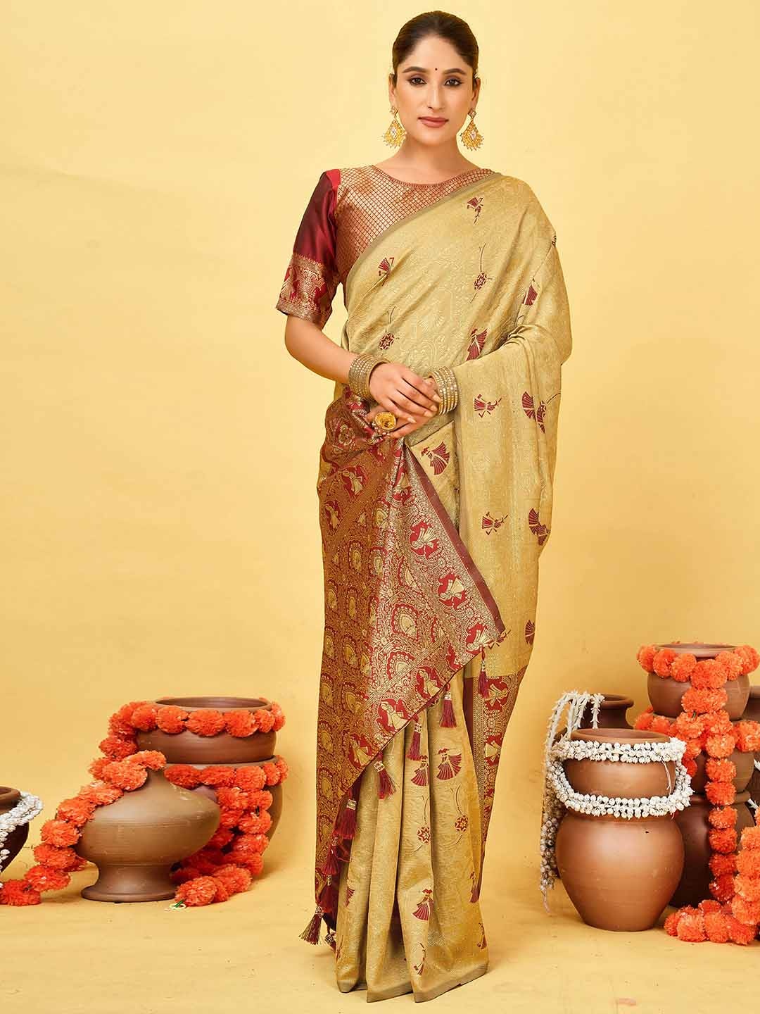 

Mitera Woven Design Pure Silk Patola Saree, Beige