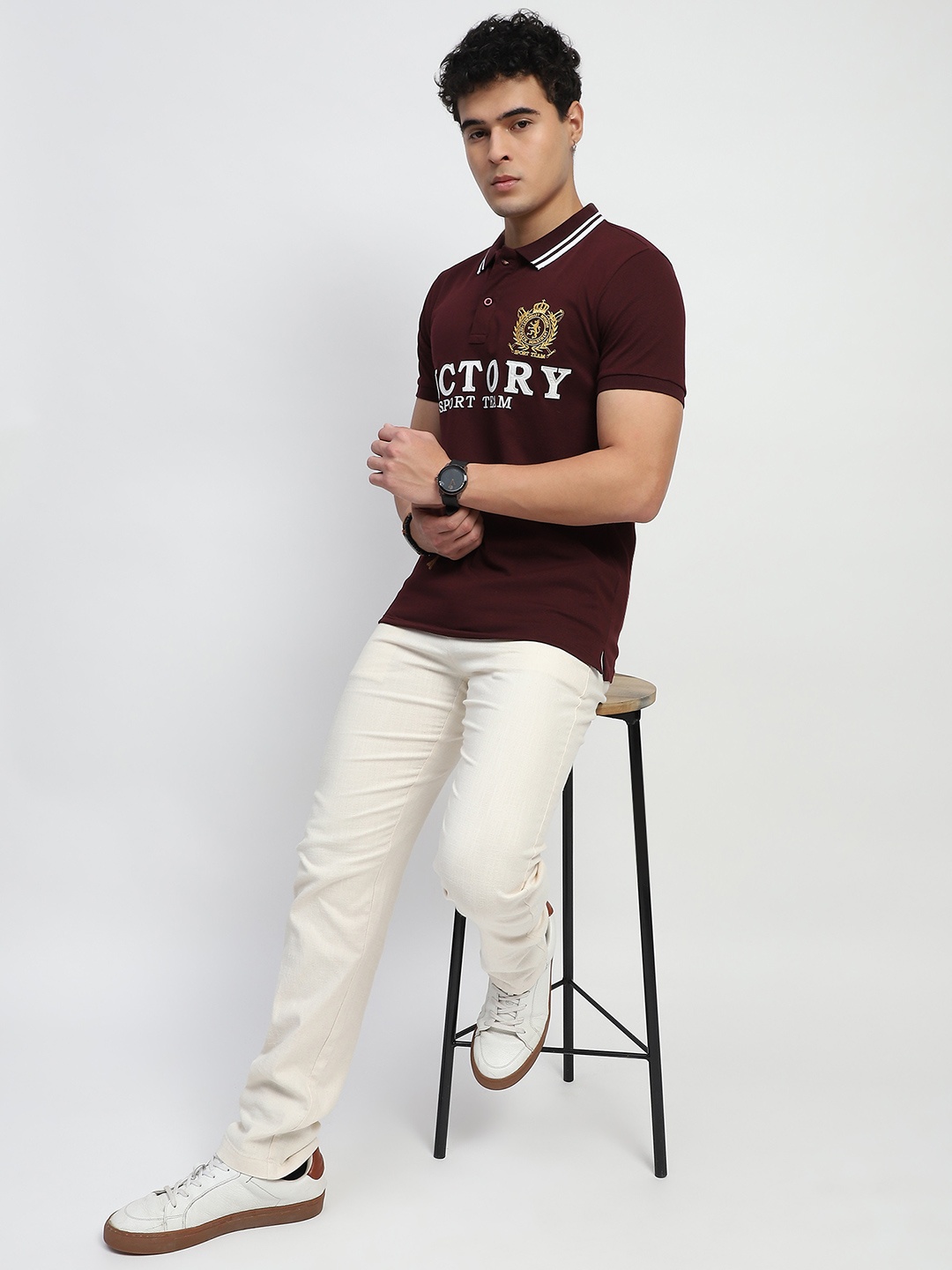 Global Republic Men Typography Polo Collar T-shirt, Maroon