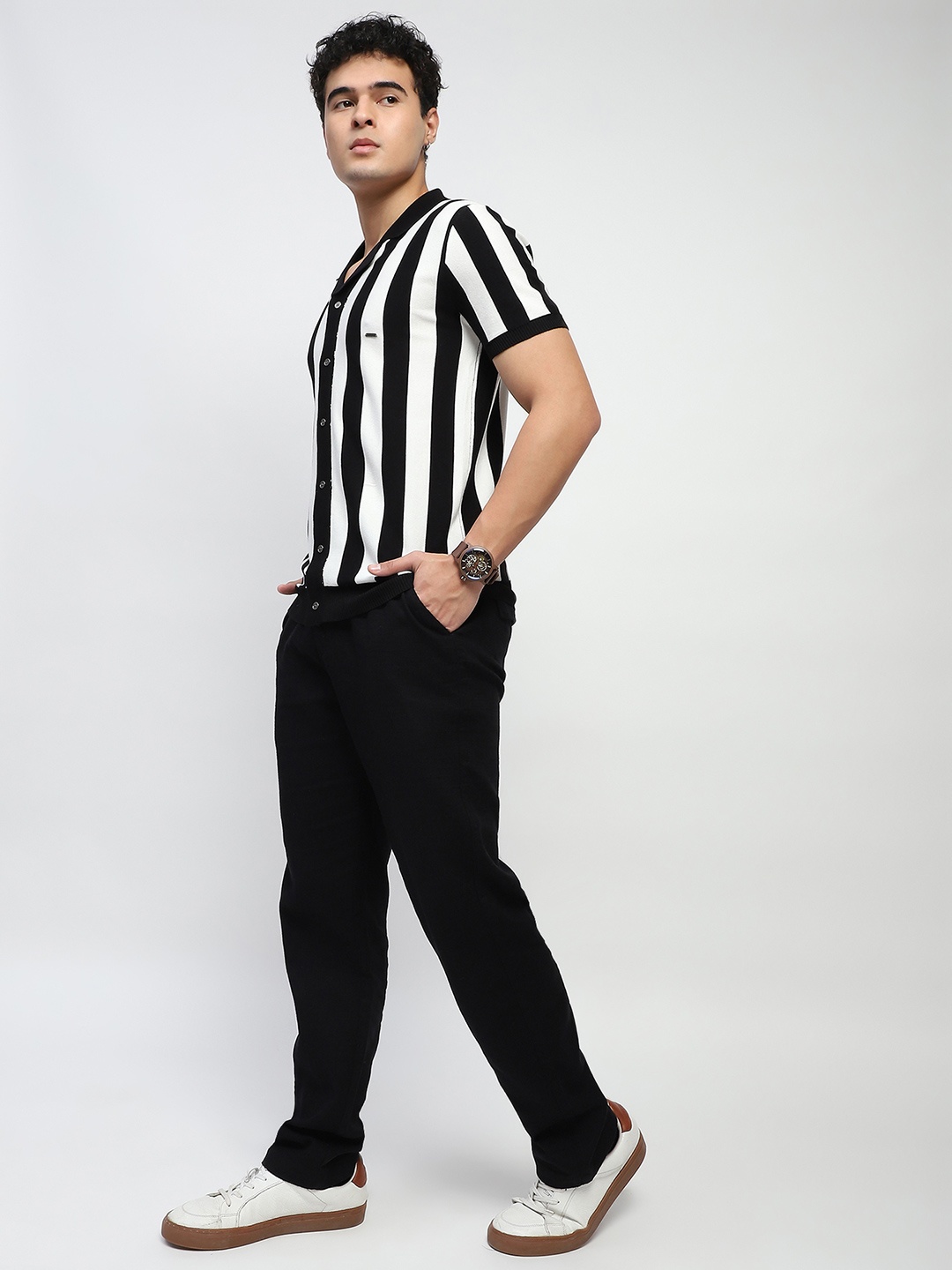 

Global Republic Men Striped Polo Collar T-shirt, Black