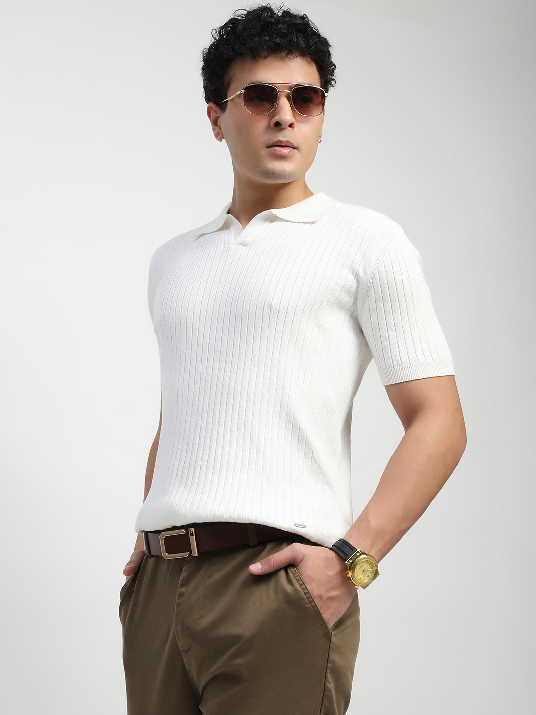 

Global Republic Men Self Design Polo Collar T-shirt, White