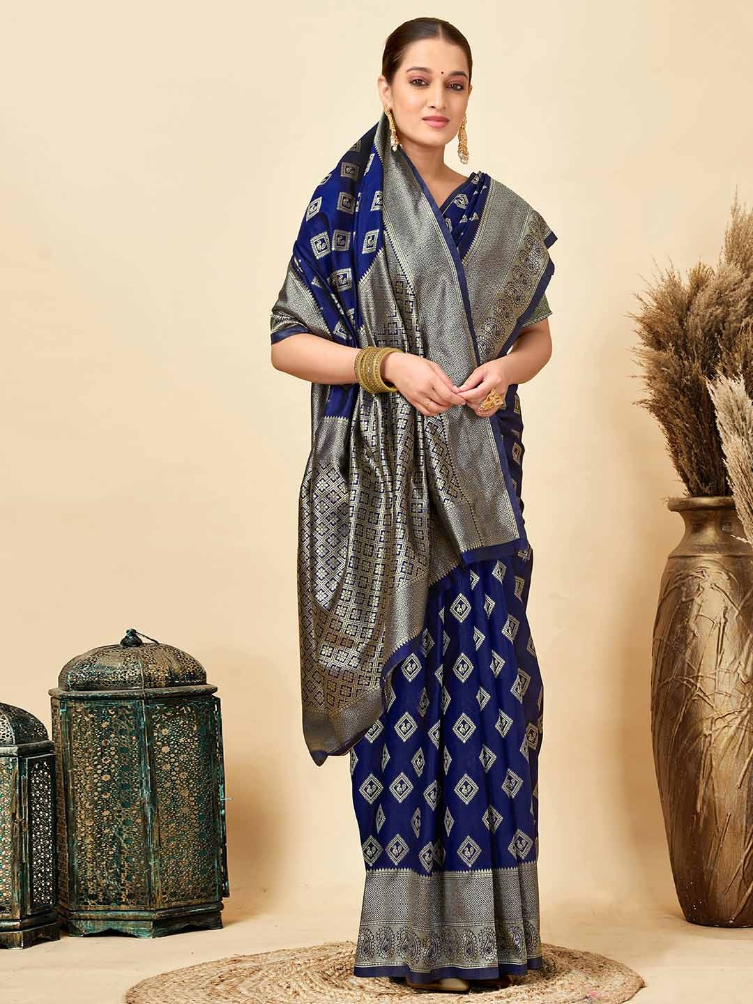 

KALINI Woven Design Zari Silk Blend Banarasi Saree, Blue