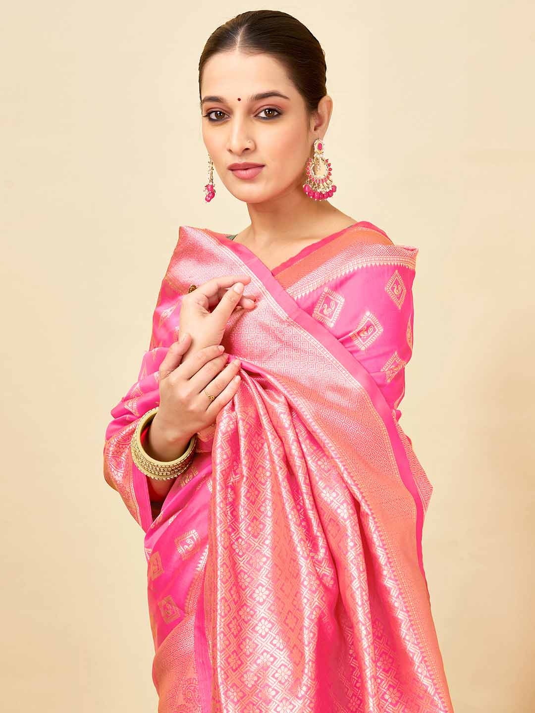 

KALINI Woven Design Zari Silk Blend Banarasi Saree, Pink