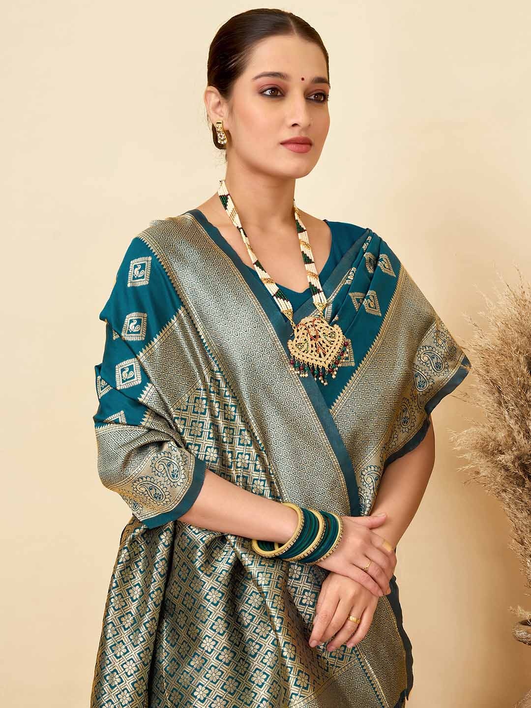

KALINI Woven Design Zari Silk Blend Banarasi Saree, Blue