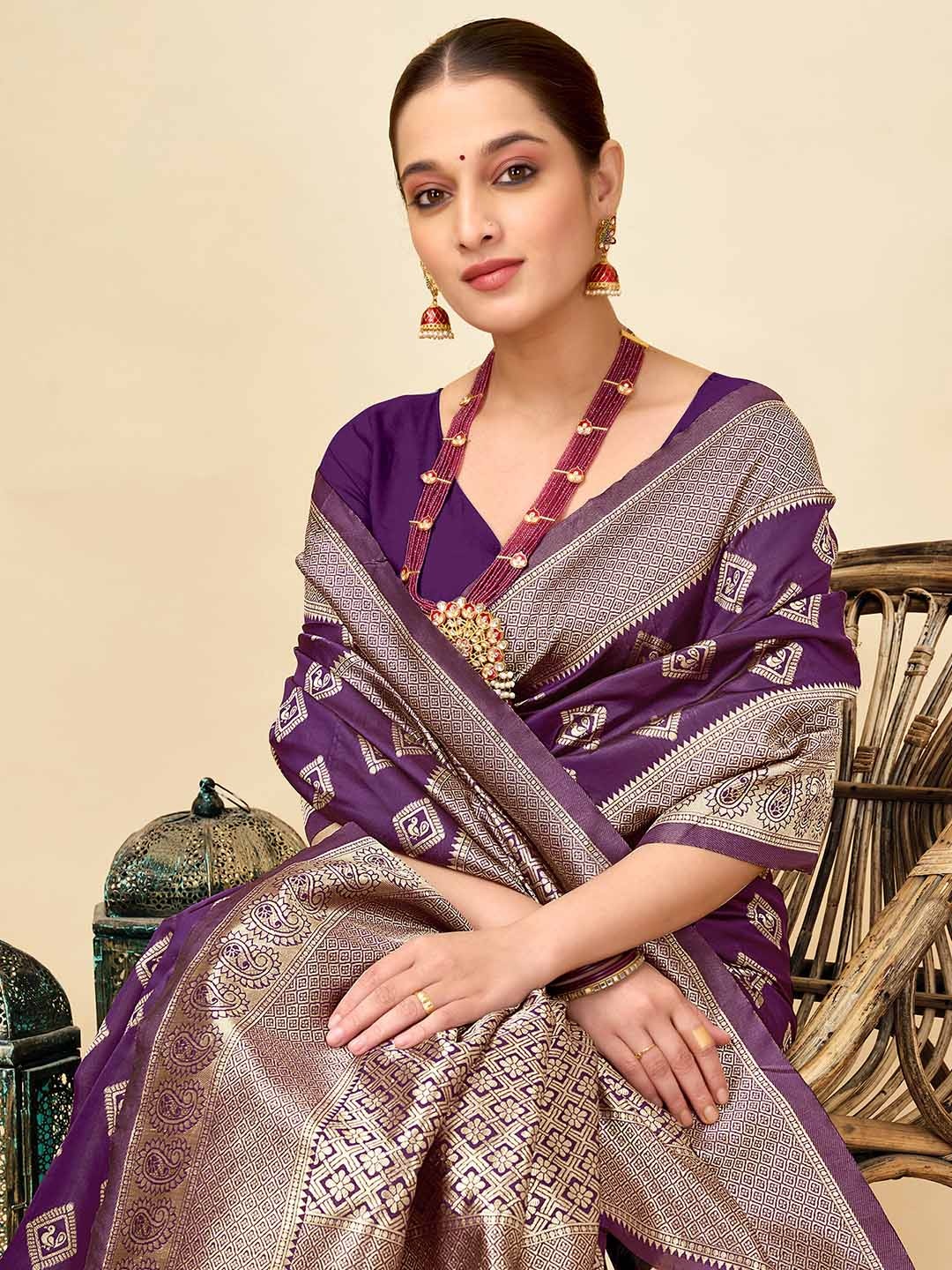 

KALINI Woven Design Zari Silk Blend Banarasi Saree, Purple