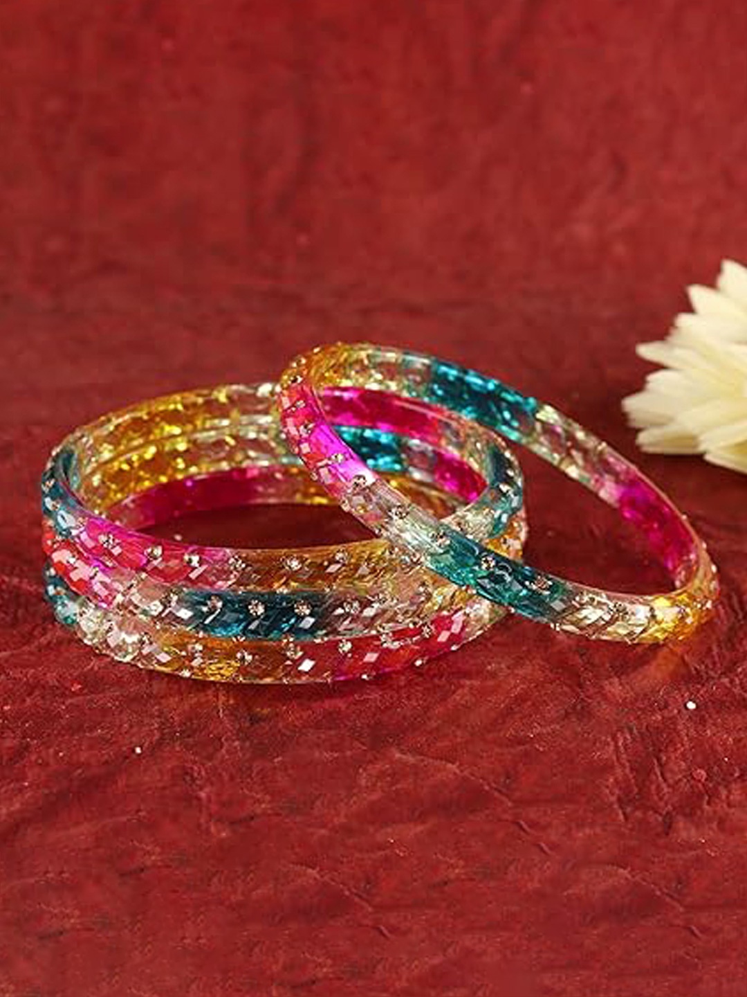 

ZULKA Set Of 4 Stone-Studded Glass Bangles, Pink