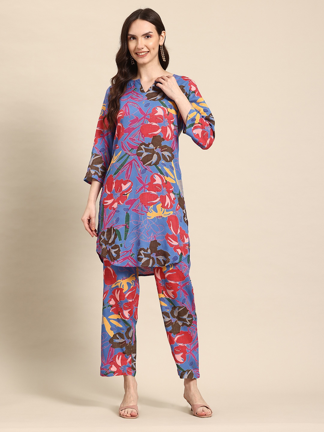 

A&K Floral Printed Tunic With Trousers, Blue