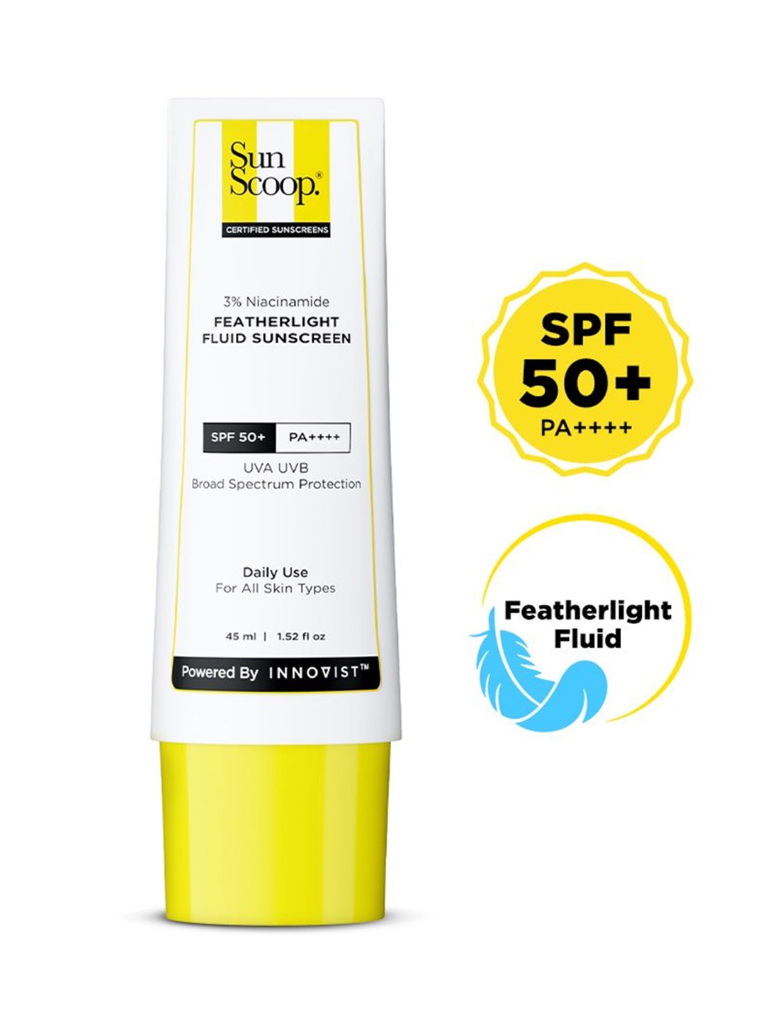

SunScoop 3% Niacinamide Feather Light Fluid Sunscreen With SPF 50+ PA++++ - 45 ml, White