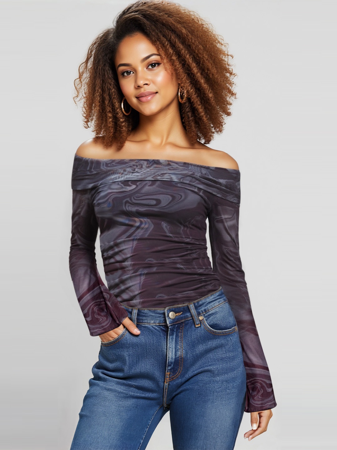 

IZF Black Printed Off-Shoulder Long Sleeves Top, Blue
