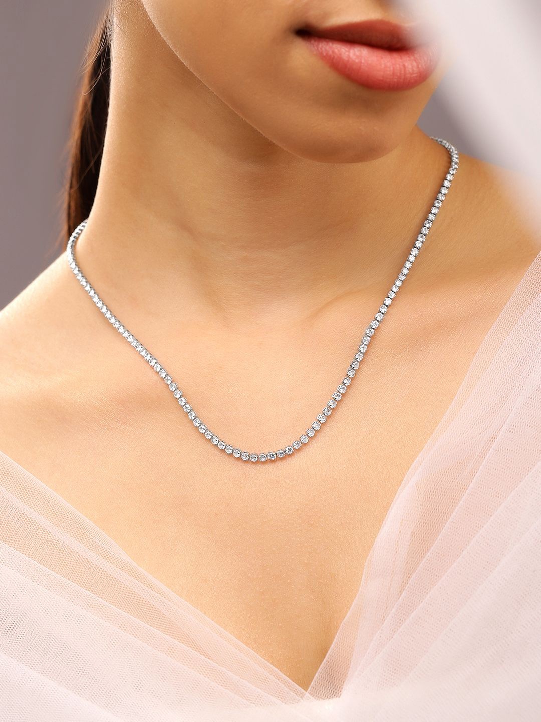 

Rubans Rhodium-Plated White Cubic Zirconia Studded Classic Tennis Necklace, Silver