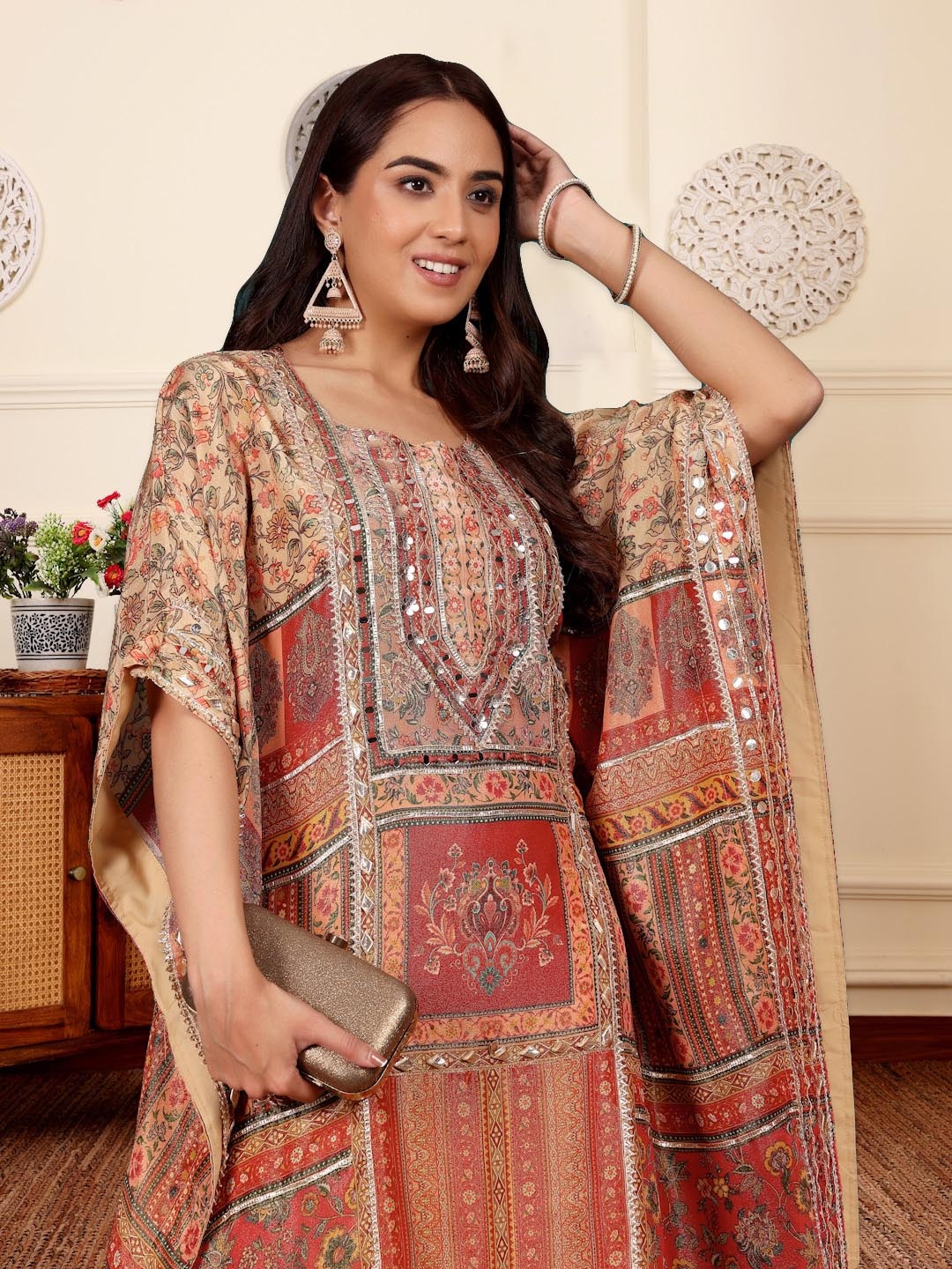 

Varanga Women Printed Regular Raw Silk Kurta with Dhoti Pants, Rust
