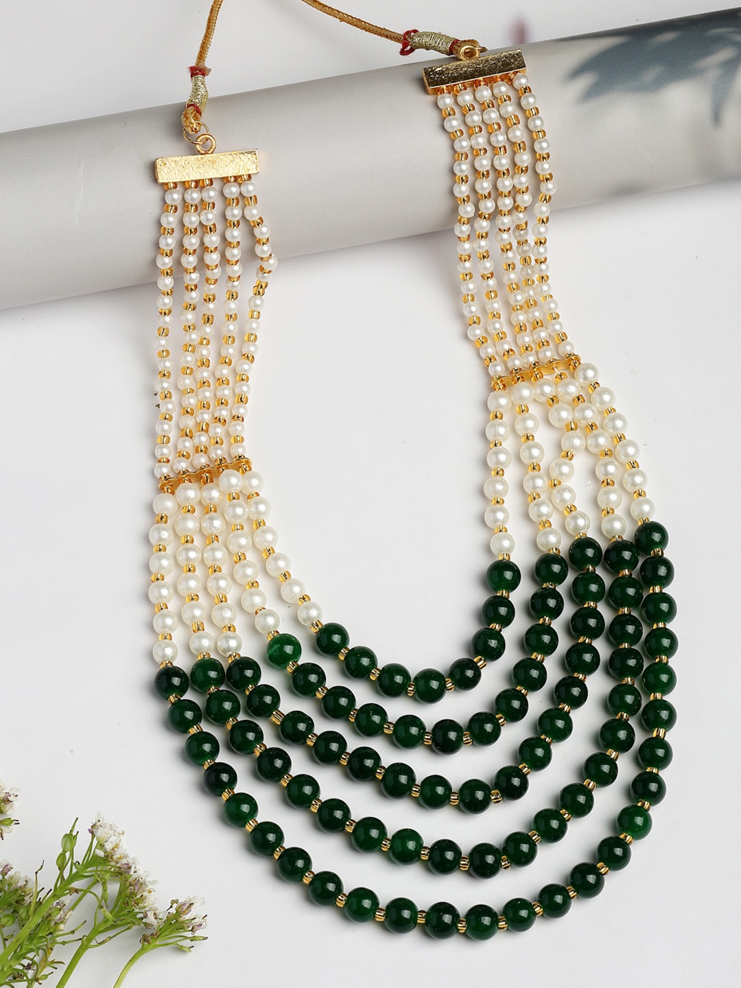 

Anouk Women Handcrafted Green & White Beaded Layered Necklace, Gold