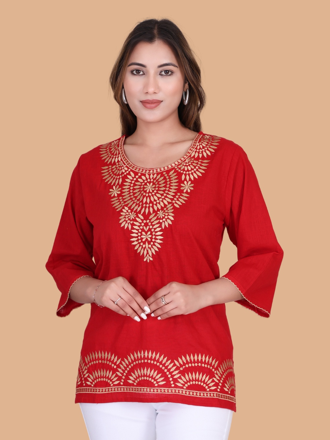 

Moda Rapido Floral Embroidered Flared Sleeves Pure Cotton Kurti, Red
