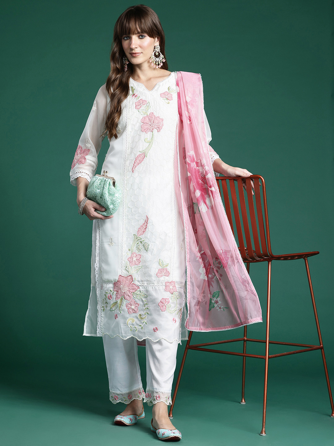 

Indo Era Women Floral Embroidered Panelled Thread Work Kurta With Trousers & Dupatta, White