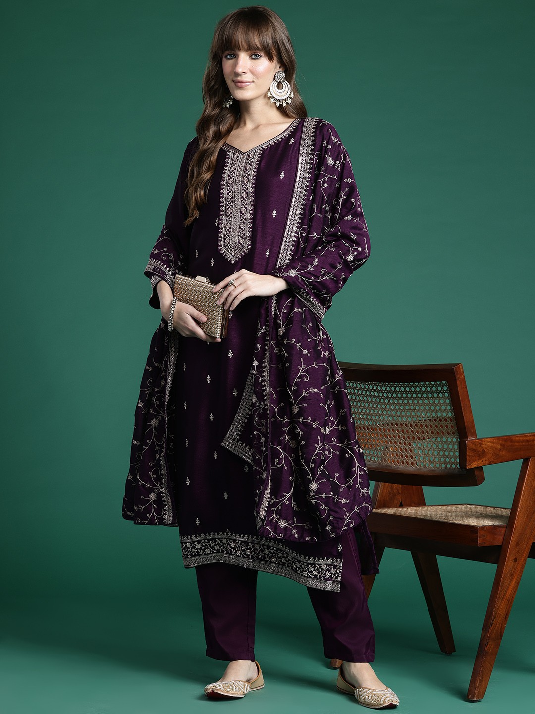 

Indo Era Ethnic Motifs Embroidered Kurta with Trousers & Dupatta, Purple