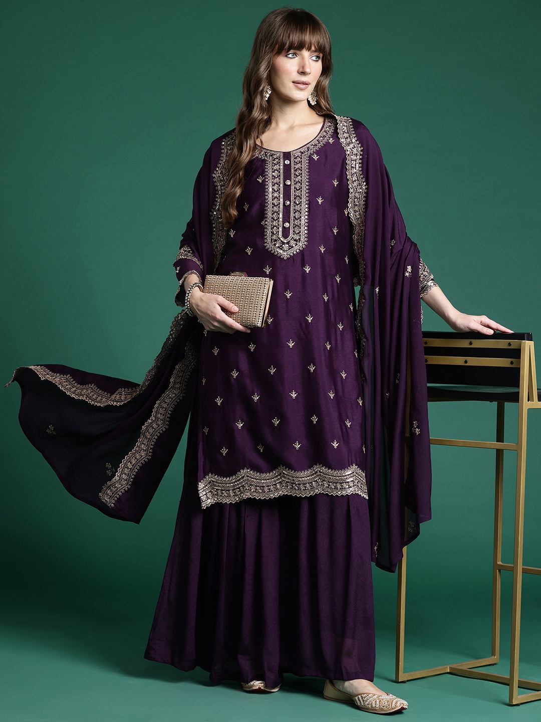 

Indo Era Ethnic Motifs Embroidered Regular Sequinned Kurta with Sharara & Dupatta, Purple