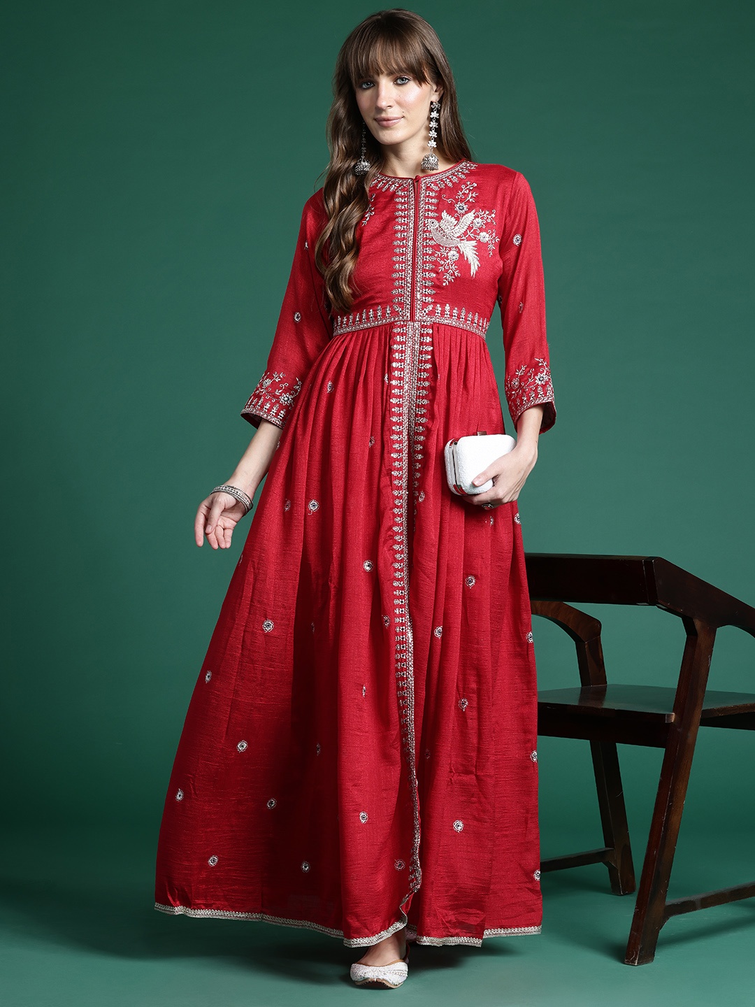 

Indo Era Ethnic Motifs Embroidered Empire Kurta with Trousers, Red