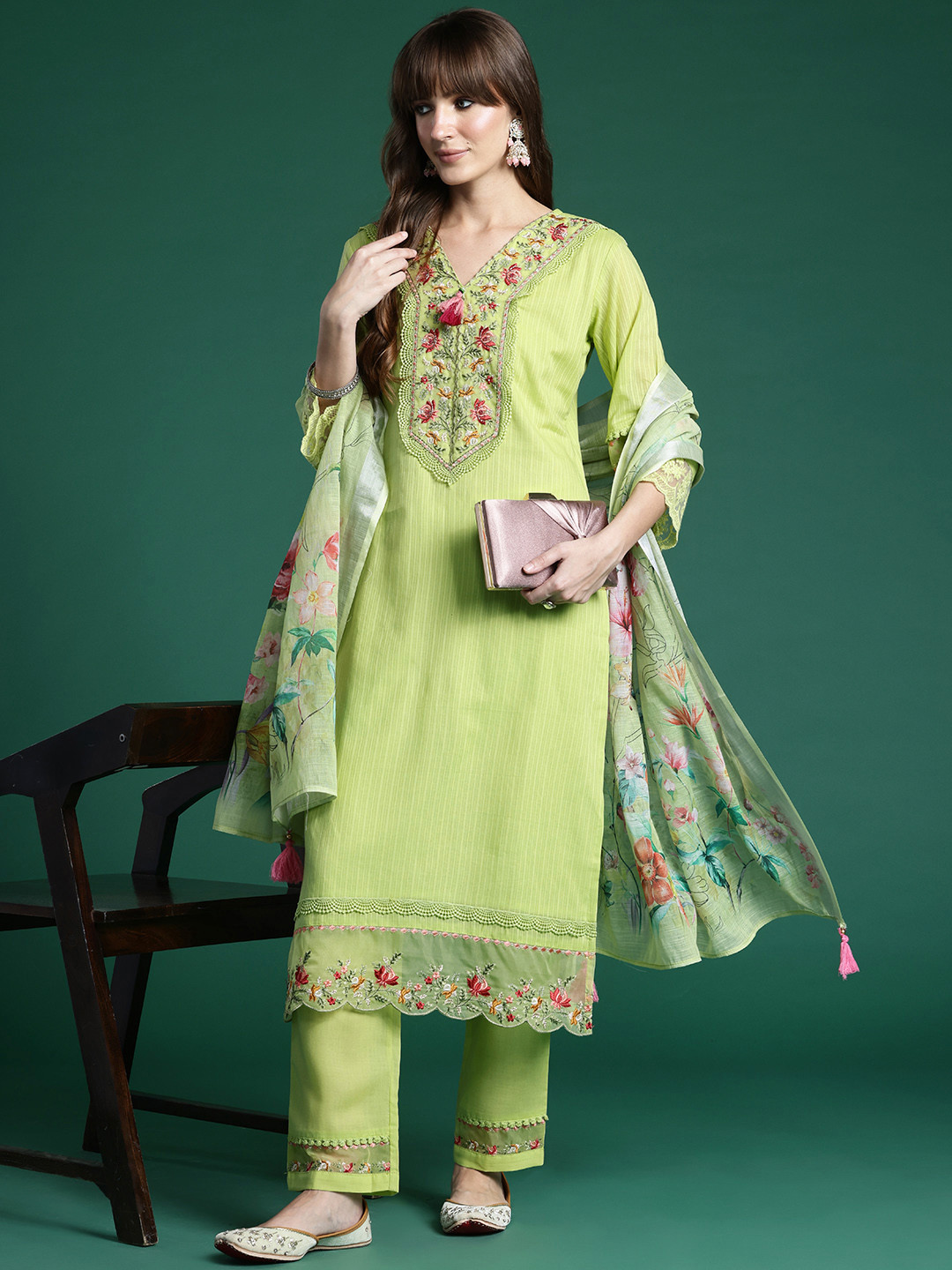 

Indo Era Floral Embroidered Thread Work Linen Kurta with Trousers & Dupatta, Green
