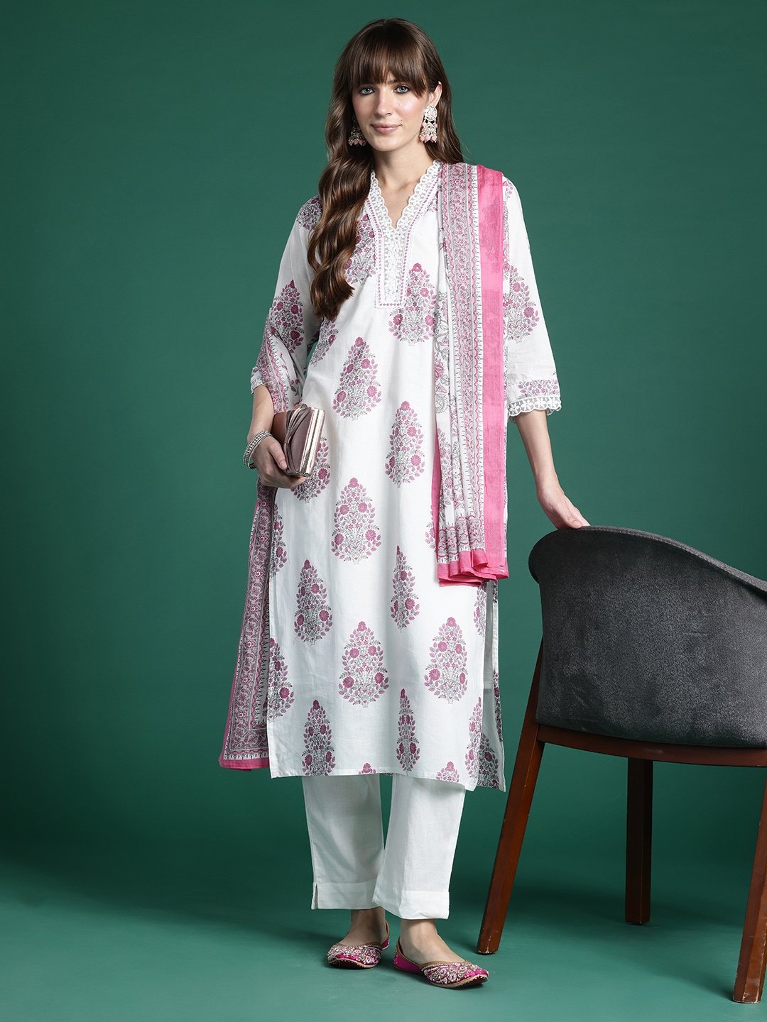 

Indo Era Floral Printed Regular Pure Cotton Kurta with Trousers & Dupatta, White