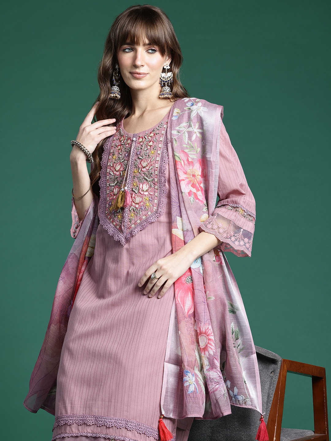 

Indo Era Floral Embroidered Thread Work Linen Kurta with Trousers & Dupatta, Purple
