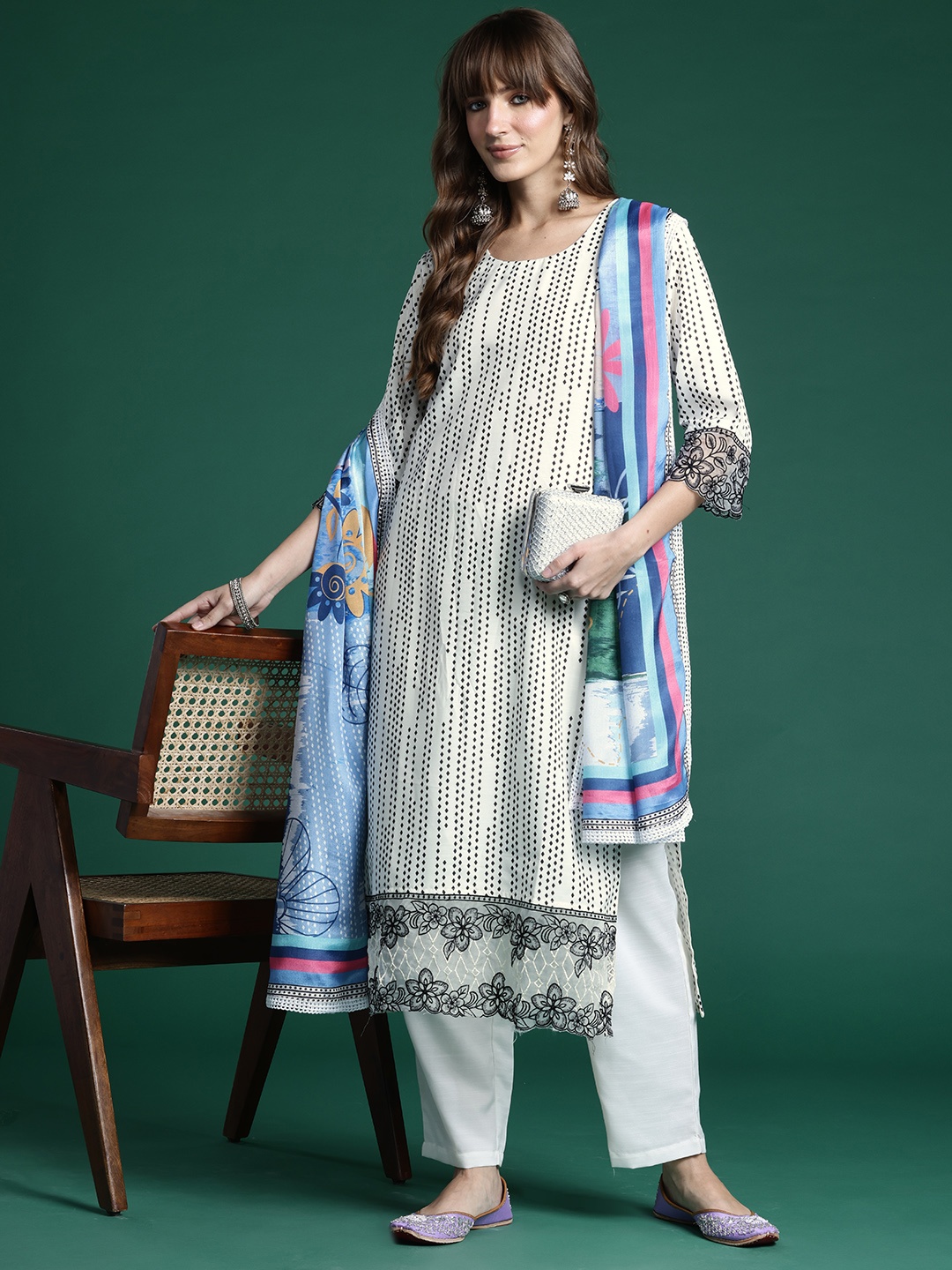 

Indo Era Embroidered Regular Thread Work Kurta with Trousers & Dupatta, White