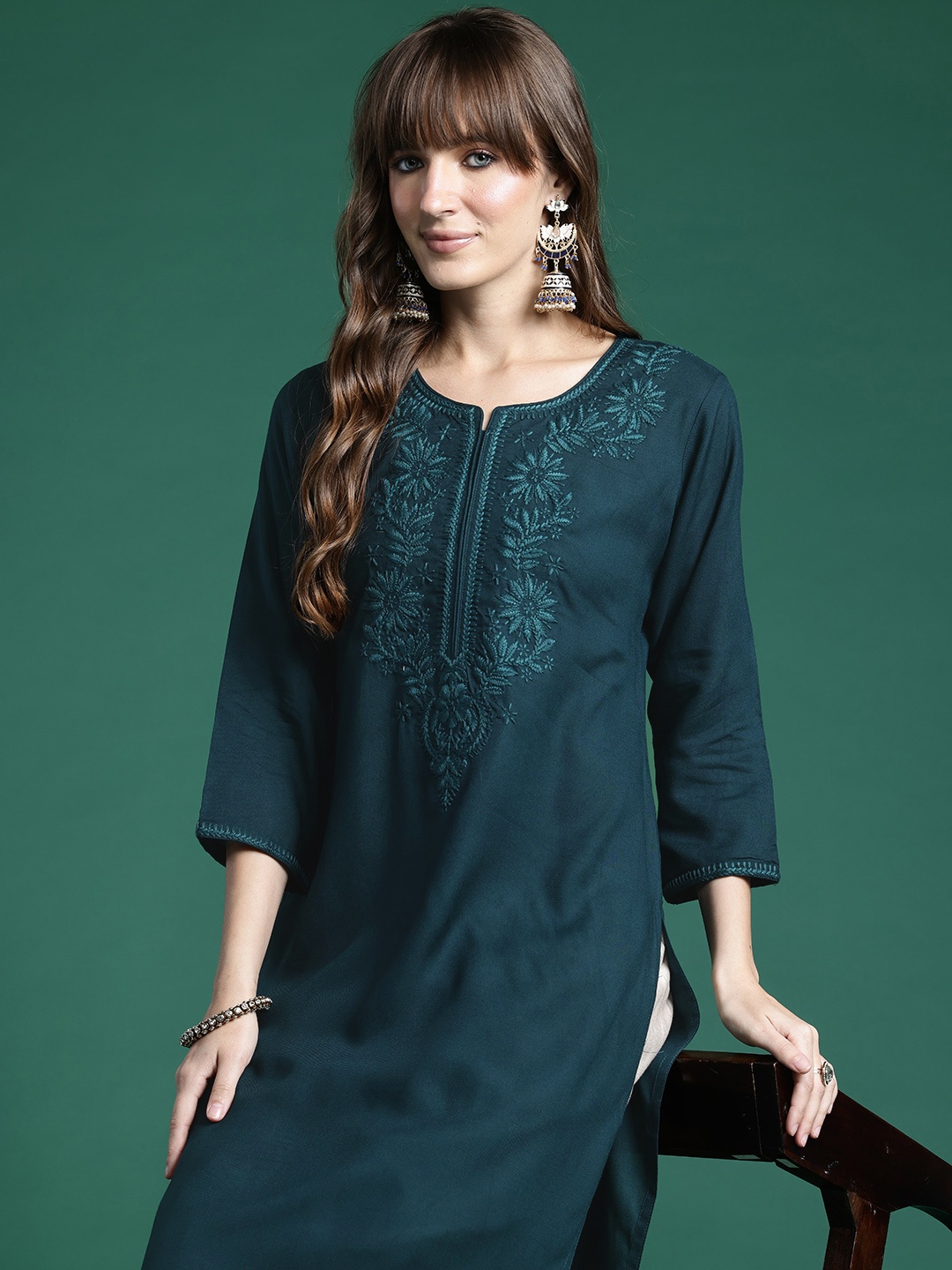 

Indo Era Ethnic Motifs Embroidered Thread Work Kurta, Teal