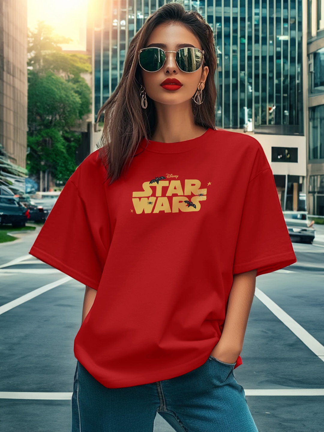 

JUNEBERRY Women Typography Star Wars Printed Drop-Shoulder Sleeves Applique T-shirt, Red