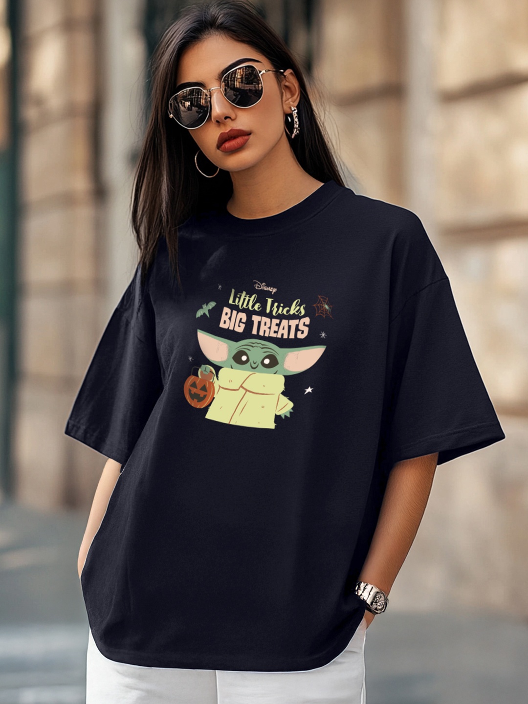 

JUNEBERRY Women Printed Drop-Shoulder Sleeves Applique T-shirt, Navy blue