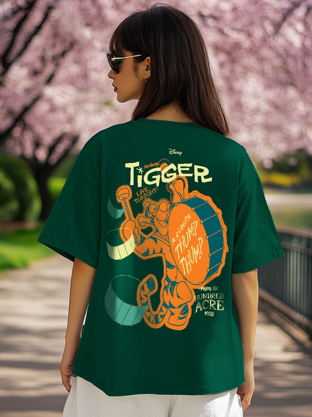 

JUNEBERRY Women Tigger Printed Drop-Shoulder Sleeves Raw Edge T-shirt, Green