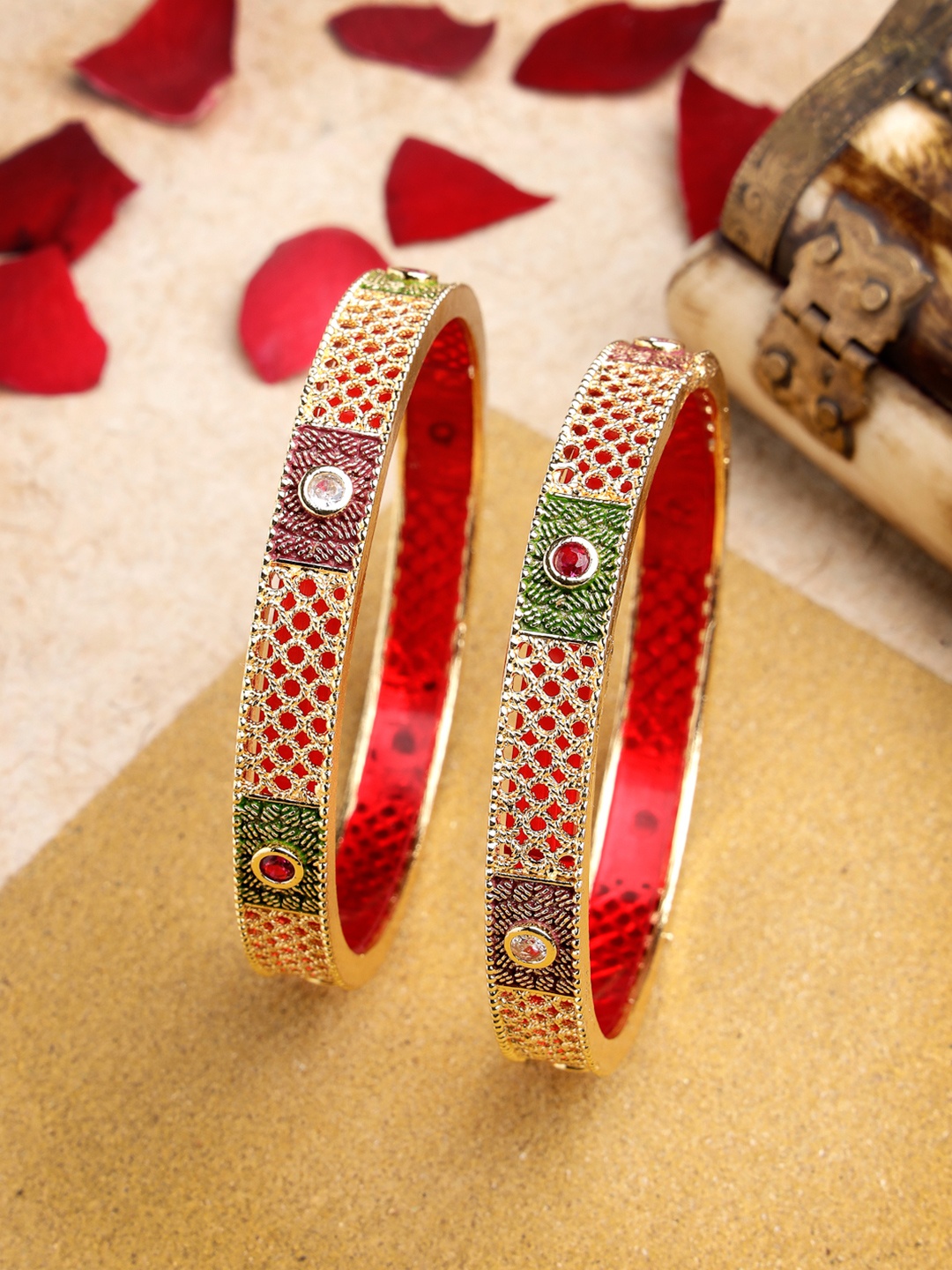 

Anouk Women Set Of 2 Gold-Plated Red Kundan Traditional Bangles