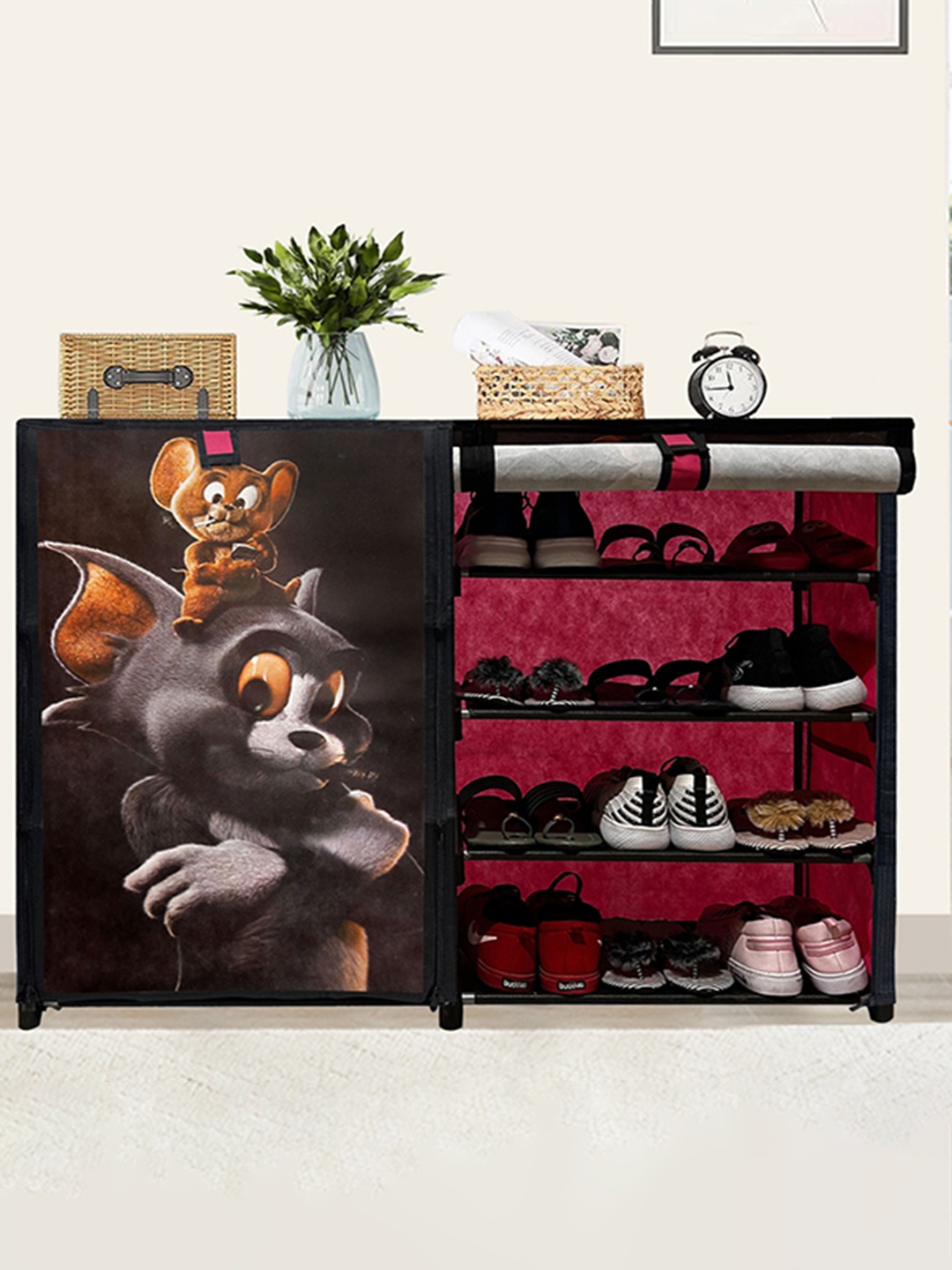

Rmerchants Pink Printed 4-Layer Shoe Rack With Cover