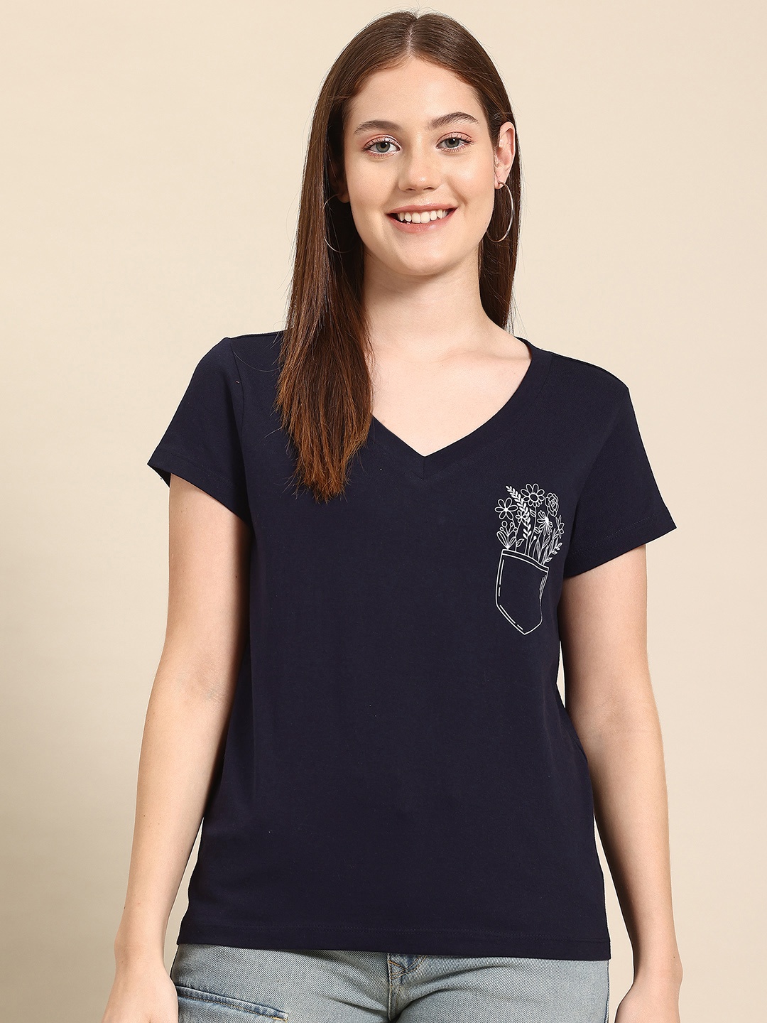 

Hang and wear Floral Printed Pure Cotton T-shirt, Navy blue