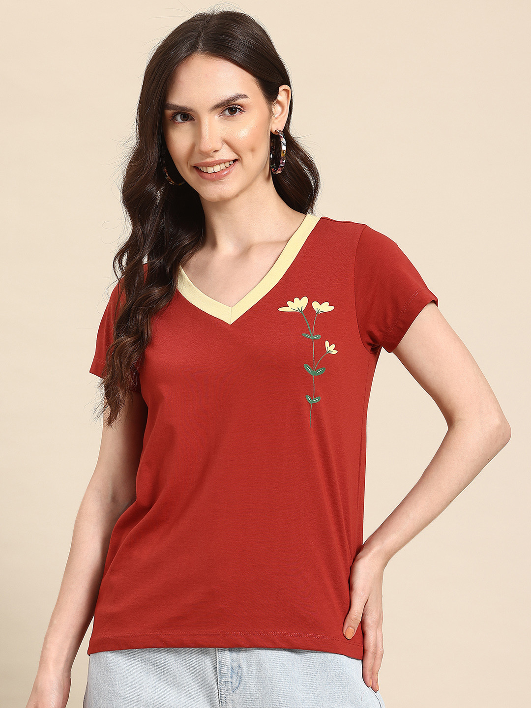 

Hang and wear Women Floral Printed Pure Cotton T-shirt, Rust
