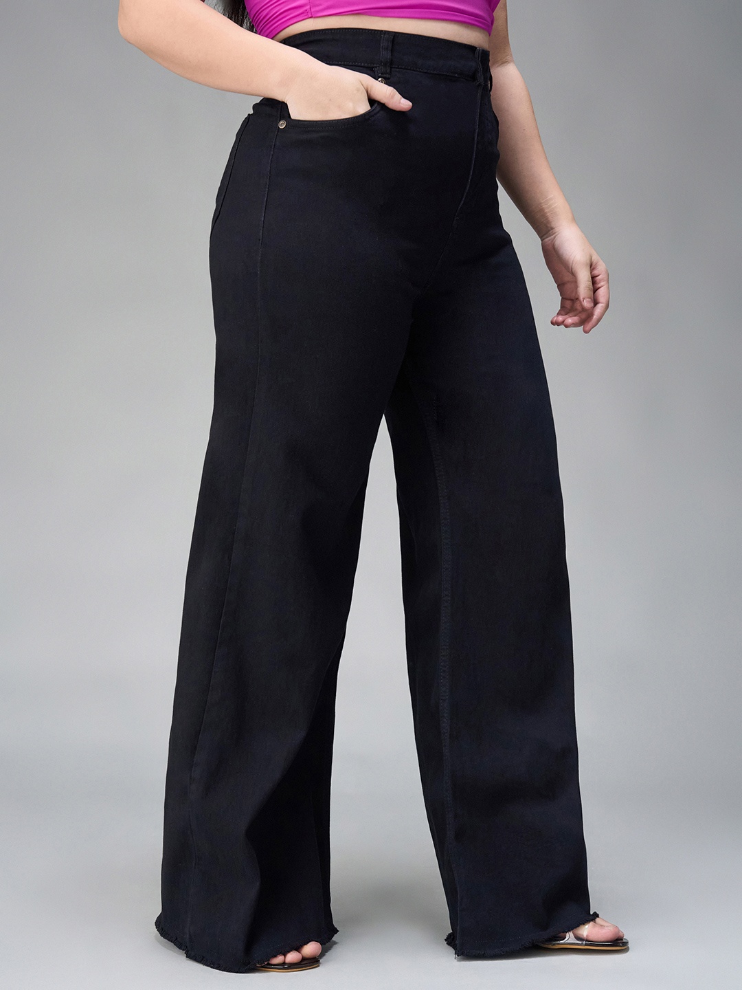 

Miss Chase A+ Women Wide Leg High-Rise Heavy Fade Stretchable Jeans, Black