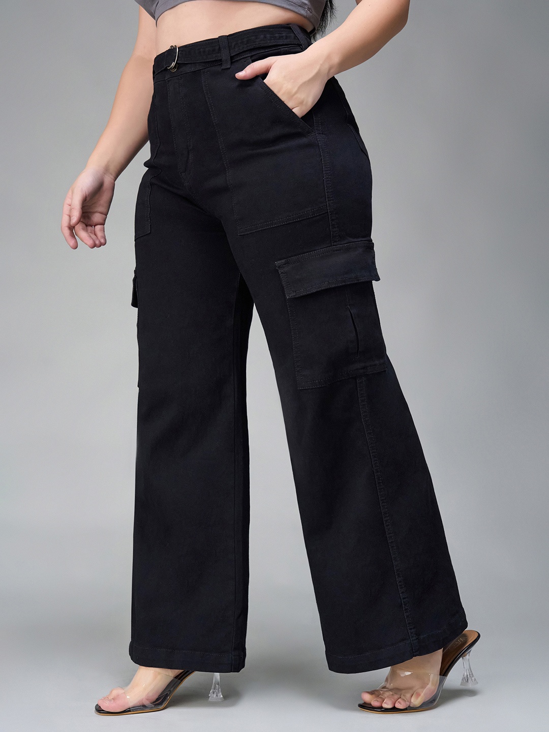

Miss Chase A+ Women Wide Leg High-Rise Heavy Fade Stretchable Jeans, Black